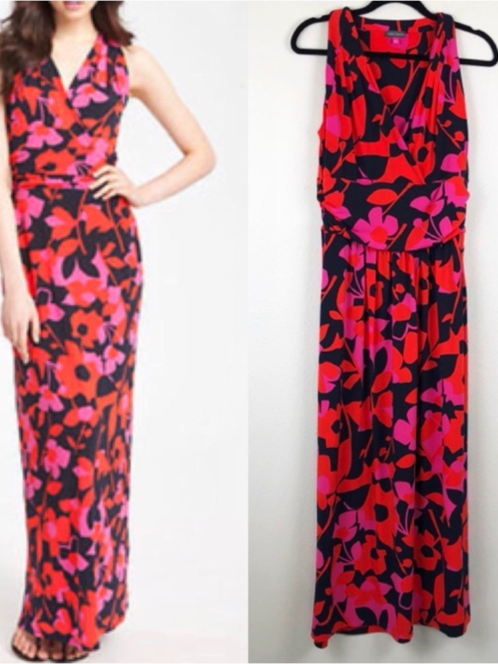Vince Camuto black red pink Floral V-Neck Maxi Dress NWOT Small